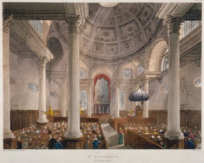 Innenraum der Kirche St Stephen Walbrook während eines Gottesdienstes, City of London, 1809 von Augustus Charles Pugin, Thomas Rowlandson