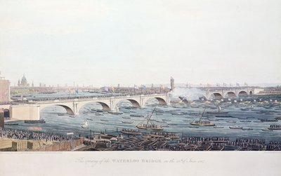 Die Eröffnung der Waterloo-Brücke am 18. Juni 1817, radiert von A. Pugin nach einer Zeichnung von W. Findlater, graviert von R. Havell und Sohn, 1818 von Augustus Charles Pugin