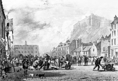 Das Schloss vom Grass Market, Edinburgh, radiert von George Cooke und Henry Le Keux, 1820 von Augustus Wall Callcott