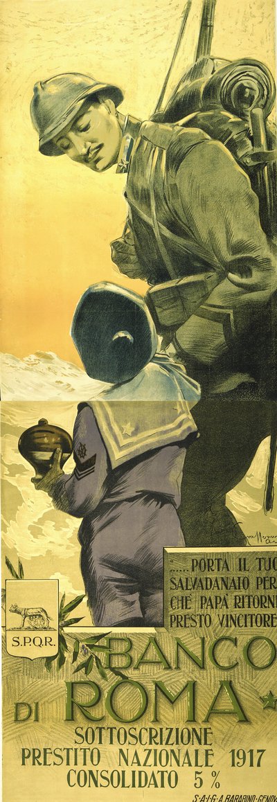 Plakat des Banco di Romano für Kriegsanleihe. Italienischer Soldat sagt seinem Sohn, er solle seine Spardose leeren und Papa wird bald siegreich nach Hause kommen. von Aurelio Craffonara
