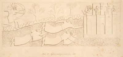 Flüchtlinge überqueren einen Fluss zu einer Burg, aus Denkmäler von Ninive, veröffentlicht 1849 von Austen Henry Layard