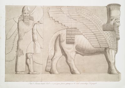 Menschenköpfiger Stier und geflügelte Figur von einem Tor im Mauerwerk um Kouyunjik [Quyunjik], 1853 von Austen Henry Layard