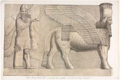 Denkmäler von Ninive: Tafel 3, Menschlicher Stierkopf und geflügelte Figur von einem Tor im Mauerwerk um Kouyunjik (Quyunjik) von Austen Henry Layard