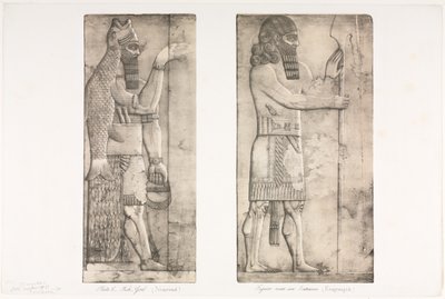 Denkmäler von Ninive: Tafel 6, Fischgott (Nimrud); Figur in der Nähe eines Eingangs (Kouyunjik) von Austen Henry Layard