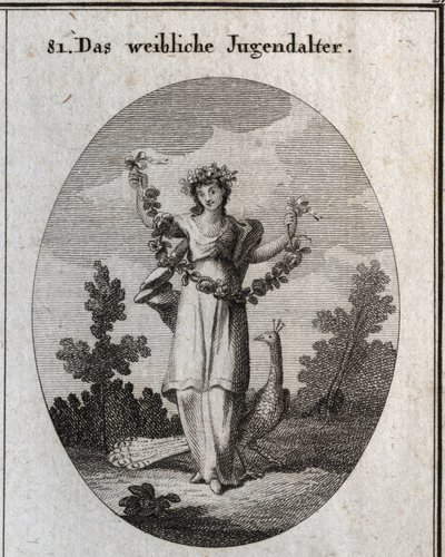 Allegorie der Jugend (Teenager) dargestellt durch eine junge Frau mit einer Krone und einem Blumenkranz, um glückliche Glückseligkeit zu zeigen. Der Pfau versteht die Liebe zum Schmuck. Ihr Fuß steht auf einer Sanduhr. Gravur in "Iconologie oder Ideen aus  von Austrian School