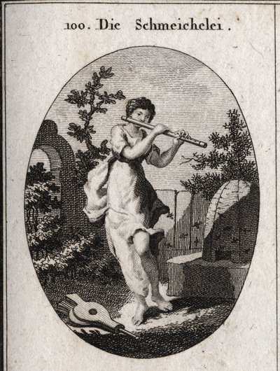 Allegorie der Schmeichelei, die Flöte spielt, um zu zeigen, dass sie sich durch die Süße ihrer Worte einschmeicheln will. Ihr Attribut ist die Biene (für die Süße des Honigs und das Gift des Stachels) und der Blasebalg (Schmeichelei entfacht das Feuer der  von Austrian School