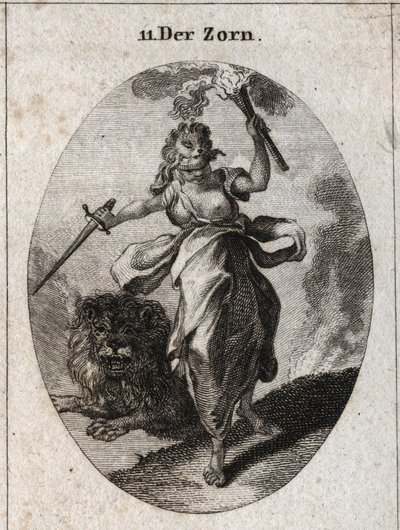Allegorie des Zorns, dargestellt in einer unruhigen Haltung, mit verbundenen Augen, einem Schwert und einer Fackel in den Händen. Sie ist mit Bärenhaut bekleidet und der Löwe hinter ihr ist furios. Gravur in „Iconologie oder Ideen aus dem Gebiete der Leide von Austrian School