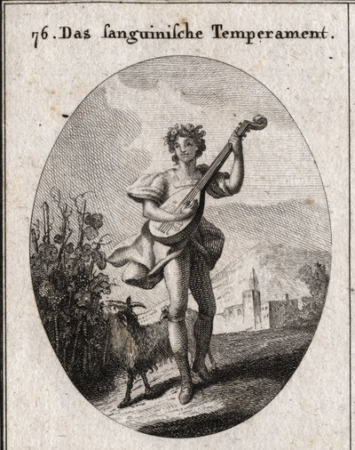 Allegorie des sanguinischen Temperaments. Die Ziege, die Trauben frisst, zeigt, dass das Blut zu den Freuden der Liebe und des Bacchus gebracht wird. Gravur in „Iconologie oder Ideen aus dem Gebiete der Leidenschaften und Allegorien bildlich dargestellt fü von Austrian School