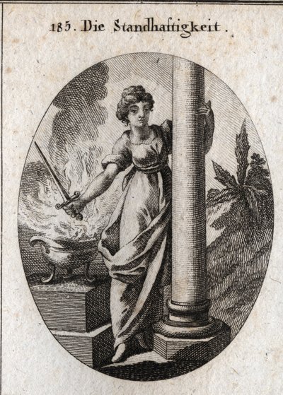 Allegorie der Beständigkeit. Sie hält ein Schwert über ein brennendes Feuer. Die Säule, die sie umarmt, ist das Attribut des Bauernhofs. Gravur in "Iconologie oder Ideen aus dem Gebiete der Leidenschaften und Allegorien bildlich dargestellt für Zeichner, M von Austrian School