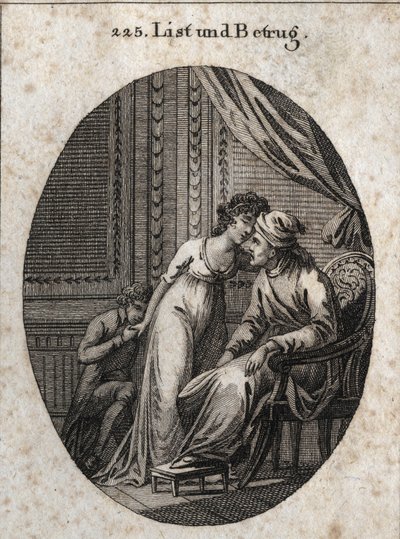 Allegorie von List und Täuschung. Ausdruck: Wer dir mehr Zärtlichkeiten als gewöhnlich gibt, hat dich entweder betrogen oder will dich täuschen. Gravur in 