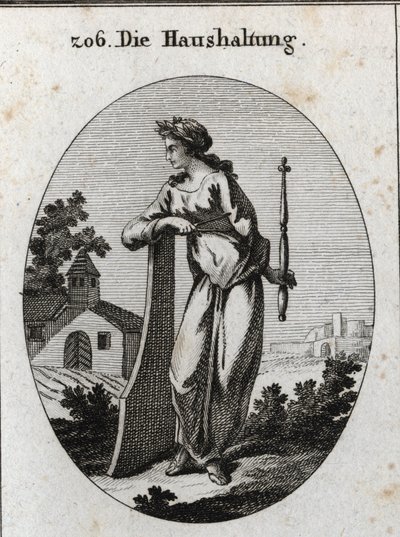Allegorie der Wirtschaft. Sie ist mit einem Olivenzweig gekrönt, der den Frieden symbolisiert. Sie lehnt sich an ein Ruder und hält ein Zepter und einen Kompass, Embleme der Macht und der genauen Regierung. Gravur in „Iconologie oder Ideen aus dem Gebiete  von Austrian School