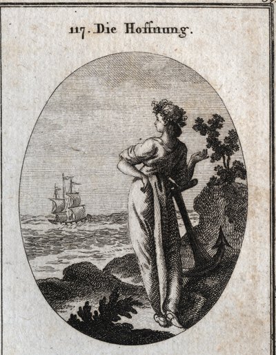 Allegorie der Hoffnung ruht auf einem Anker und beobachtet ein Schiff am Horizont. Gravur in „Iconologie oder Ideen aus dem Gebiete der Leidenschaften und Allegorien bildlich dargestellt für Zeichner, Maler, Dichter, Gelehrte, Erzieher und Freunde Höherer  von Austrian School