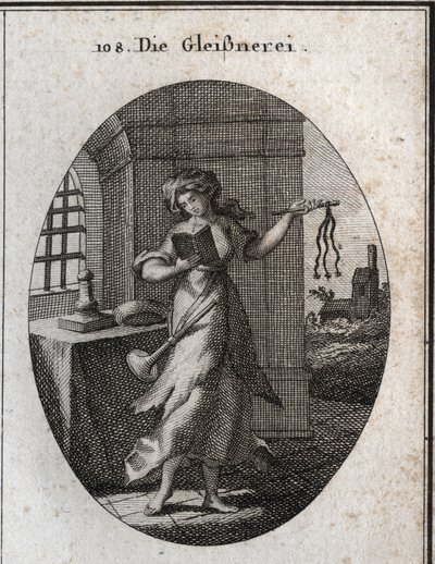 Allegorie der Heuchelei, die ein Gebetbuch und eine Disziplin (Geißel, Peitsche) hält. Die Trompete, die sie auf ihrer Schulter hat, zeigt, dass sie ihre guten Werke mit Nachdruck veröffentlicht. Gravur in „Iconologie oder Ideen aus dem Gebiete der Leidens von Austrian School