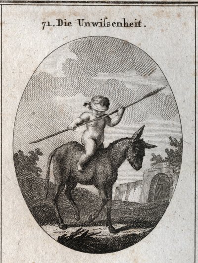 Allegorie der Unwissenheit, dargestellt durch ein Kind, das auf einem Esel reitet, seine Augen sind mit einem Schilfrohrstreifen verbunden (Symbol des leeren Gehirns). Gravur in "Iconologie oder Ideen aus dem Gebiete der Leidenschaften und Allegorien bildl von Austrian School