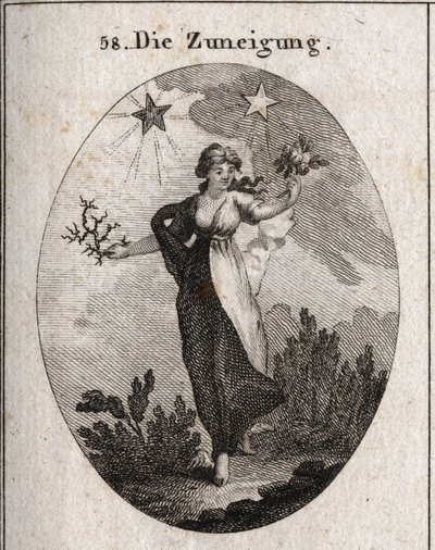 Allegorie der Neigung. Sie hält einen Strauß Rosen und einen Strauß Dornen und sieht unentschlossen in ihrer Wahl aus. Hinter ihr ein heller und wohltuender Stern (der von Jupiter) und ein dunkler und schädlicher Stern (der von Saturn). Gravur in „Iconolog von Austrian School