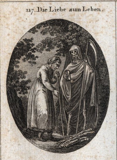Allegorie der Lebensliebe. Eine alte Frau ruft den Tod, um ihr zu helfen, ihre Holzscheite auf den Kopf zu legen. Gravur in „Iconologie oder Ideen aus dem Gebiete der Leidenschaften und Allegorien bildlich dargestellt für Zeichner, Maler, Dichter, Gelehrte von Austrian School
