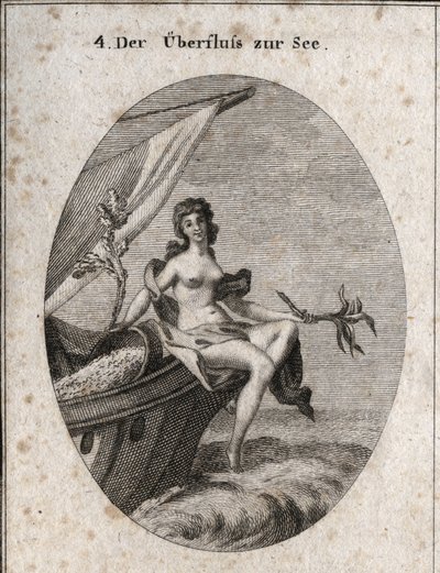 Allegorie des maritimen Überflusses, dargestellt durch Ceres, die auf dem Bug eines Schiffes sitzt. Sie hält einen Hanfbouquet, einen Ast mit Seidenraupenkokons. Sie lehnt sich an Getreide, das im Boot zurückhängt. Gravur in "Iconologie oder Ideen aus dem  von Austrian School