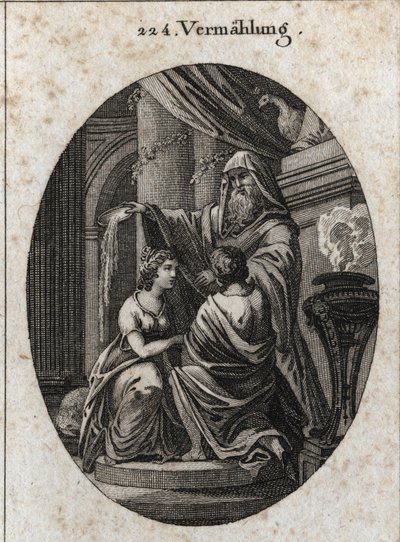 Allegorie der Ehe: Der Priester wirft die Galle der Tiere hinter den Altar, um zu zeigen, dass es in der Ehe keine Bitterkeit gibt. Gravur in „Iconologie oder Ideen aus dem Gebiete der Leidenschaften und Allegorien bildlich dargestellt für Zeichner, Maler, von Austrian School