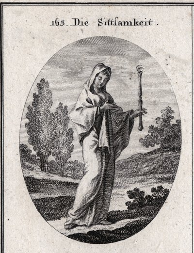 Allegorie der Bescheidenheit. Sie hält ein Zepter, über dem ein Auge ist, das bedeutet, dass Bescheidenheit weitsichtig über sich selbst sein muss. Gravur in „Iconologie oder Ideen aus dem Gebiete der Leidenschaften und Allegorien bildlich dargestellt für  von Austrian School