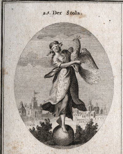Allegorie des Stolzes, dargestellt von einem jungen Mädchen mit einer Augenbinde, die auf einem Ball sitzt, Symbol ihrer geringen Stabilität. Der Pfau symbolisiert den stolzen Geist. Die reiche Kleidung bedeckt ihre armen Kleider, um das Äußere zu zeigen.  von Austrian School