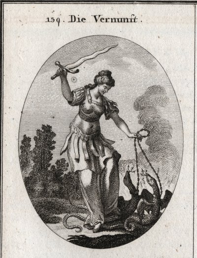Allegorie der Vernunft, sie hält ein flammendes Schwert, mit dem sie die Laster bedroht, die durch Schlangen dargestellt werden, die sie in Ketten hält. Gravur in „Iconologie oder Ideen aus dem Gebiete der Leidenschaften und Allegorien bildlich dargestellt von Austrian School