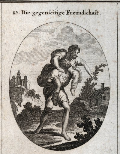 Allegorie der gegenseitigen Freundschaft. Ein Blinder wird von der Stimme eines verstümmelten Mannes auf seinen Schultern geführt. Gravur in „Iconologie oder Ideen aus dem Gebiete der Leidenschaften und Allegorien bildlich dargestellt für Zeichner, Maler,  von Austrian School