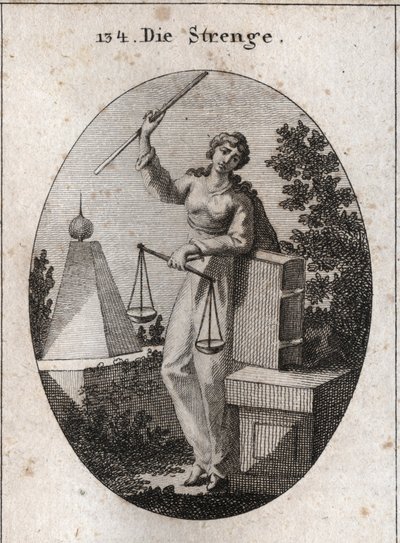 Allegorie der Strenge, dargestellt unter einem Aspekt der Wildheit, die mit der rechten Hand eine Eisenstange hält und sich mit der linken auf das Gesetzbuch stützt. In derselben Hand hält sie eine Waage, von der eine Seite die andere überwiegt. Gravur in  von Austrian School