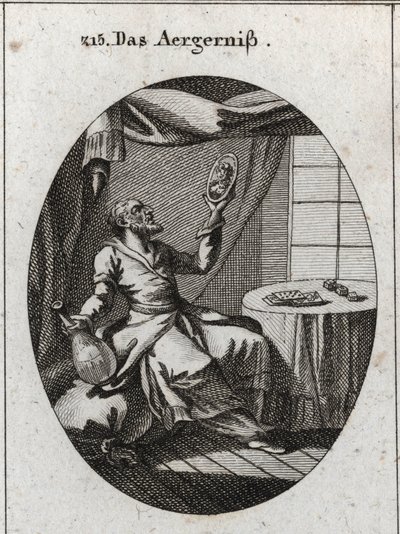 Allegorie des Skandals. Er hält in einer Hand eine Flasche und in der anderen ein Porträt einer jungen Frau und steht in der Nähe eines Tisches, auf dem Spielkarten und Spiele liegen. Gravur in „Iconologie oder Ideen aus dem Gebiete der Leidenschaften und  von Austrian School
