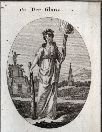 Allegorie der Pracht. Der Knüppel, auf den sie sich stützt, ist das Symbol der Tugenden. Die Kette und die Goldmedaille sind die Belohnung. Die Fackel des Lichts ist das Licht für schöne Taten. Gravur in „Iconologie oder Ideen aus dem Gebiete der Leidensch von Austrian School