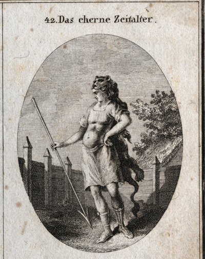 Allegorie des Kupferzeitalters, dargestellt als Wächter in stolzer Haltung nahe einem Zaun, bewaffnet mit einem Brustpanzer und einem Speer und einer Löwenhautkappe. Gravur in „Iconologie oder Ideen aus dem Gebiete der Leidenschaften und Allegorien bildlic von Austrian School