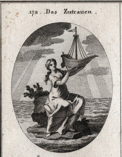 Allegorie des Vertrauens, dargestellt durch eine Frau, die auf einem Platz inmitten des Meeres sitzt und in ihrer Hand ein Schiff hält, das sie hochhebt. Gravur in „Iconologie oder Ideen aus dem Gebiete der Leidenschaften und Allegorien bildlich dargestell von Austrian School