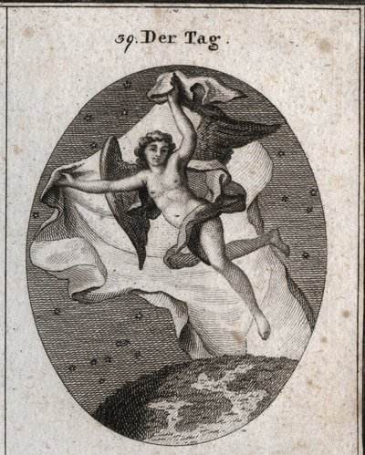 Allegorie des Tages, der schnell fliegt und die Nacht und die Sterne mit einem hellen großen Schleier verbirgt. Gravur in „Iconologie oder Ideen aus dem Gebiete der Leidenschaften und Allegorien bildlich dargestellt für Zeichner, Maler, Dichter, Gelehrte,  von Austrian School