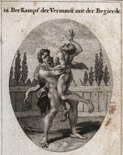 Allegorie des Kampfes zwischen Vernunft und Appetit. Der irdische und fleischliche Appetit wird durch Ante dargestellt und Herkules (Herakles) symbolisiert Vernunft, Stärke und Mut, die Ante wegnehmen und ersticken. Gravur in „Iconologie oder Ideen aus dem von Austrian School
