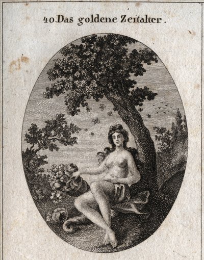 Allegorie des goldenen Zeitalters, dargestellt mit einem Füllhorn voller Früchte, sitzend neben einem Olivenbaum, Symbol des Friedens, in dessen Mitte ein Bienenschwarm ist. Gravur in „Iconologie oder Ideen aus dem Gebiete der Leidenschaften und Allegorien von Austrian School