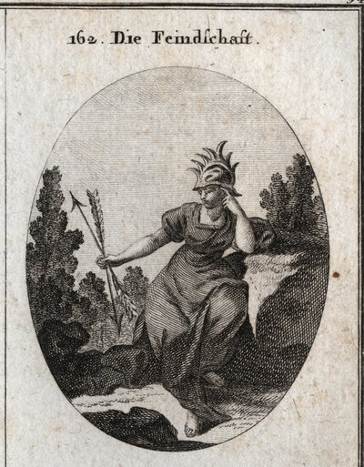 Allegorie der Feindschaft mit einem Helm, der mit Eisenspitzen besetzt ist. Ihr Kleid ist mit Flammen übersät. Die beiden Pfeile, die sie in entgegengesetzte Richtungen hält, sind Synonyme für Widerspruch. Gravur in „Iconologie oder Ideen aus dem Gebiete d von Austrian School