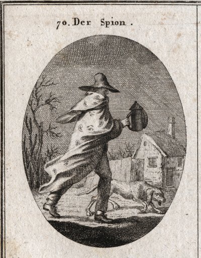 Allegorie des Spions. Sein Mantel ist mit Augen und Ohren übersät und hält eine taube Laterne. Ein Brackhund schnüffelt das Gelände. Gravur in „Iconologie oder Ideen aus dem Gebiete der Leidenschaften und Allegorien bildlich dargestellt für Zeichner, Maler von Austrian School