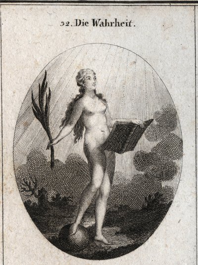 Allegorie der Wahrheit, nackt und ohne Kunstgriffe, schaut sie in das Licht der Sonne. Die Palme symbolisiert den Triumph über Betrug und das Buch steht für das Studium. Gravur in „Iconologie oder Ideen aus dem Gebiete der Leidenschaften und Allegorien bil von Austrian School