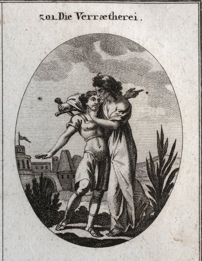 Allegorie des Verrats. Eine schreckliche alte Frau streichelt einen hübschen jungen Mann und bereitet sich gleichzeitig darauf vor, ihn zu erstechen. Gravur in „Iconologie oder Ideen aus dem Gebiete der Leidenschaften und Allegorien bildlich dargestellt fü von Austrian School