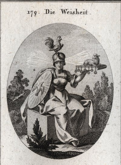 Allegorie der Weisheit. Seine Kleidung und seine weißen Waffen definieren seine Stärke und Reinheit. Der Hahn auf seinem Helm ist das Symbol seiner Intelligenz und Wachsamkeit. Die Lichtstrahlen, die aus seinen Schläfen kommen, bedeuten Würde und Heiligkei von Austrian School