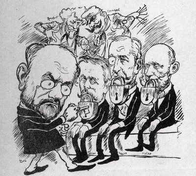 Emile Zola versucht, die Schlösser zu öffnen, die die Münder von Präsidenten Jean Casimir-Perier (1847-1907) und Felix Faure (1841-1899) sowie des Präsidenten des Rates Jules Meline (1838-1925) verschließen, während im Hintergrund Henri Rochefort (1831-191 von Austrian School