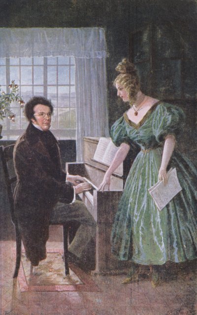 Franz Peter Schubert spielt Klavier, Postkarte ca. 1910 von Austrian School
