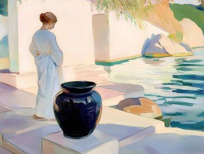 Gelassene Frau mit blauer Vase von Avanesova Elena