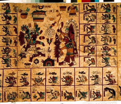 Darstellung aztekischer Gottheiten und Kästchen des Kalenders. Seite des aztekischen Manuskripts auf Rinde 