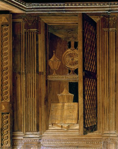 Intarsienverkleidung, die einen Schrank mit Gittertür darstellt, im Arbeitszimmer von Federigo da Montefeltro, Herzog von Urbino von Baccio Pontelli