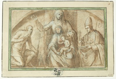 Anna selbdritt flankiert von Hl. Jeromimus und einem Bischofsheiligen, der als Kirchenstifter gezeigt wird von Bagnacavallo