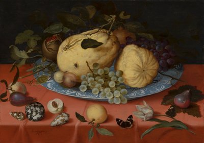 Früchtestillleben mit Muscheln und Tulpe von Balthasar van der Ast