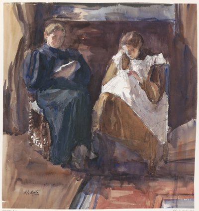 Lesende Dame und stickendes Mädchen, von vorne gesehen, im Haus an der Riouwstraat 6, Den Haag von Barbara Elisabeth van Houten