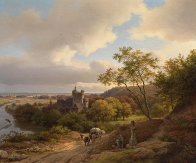Ein Schloss zwischen Bäumen an einem Fluss von Barend Cornelis Koekkoek