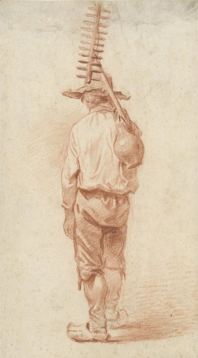 Stehender Bauer mit Rechen und Krug über der Schulter, von hinten gesehen von Barend Cornelis Koekkoek