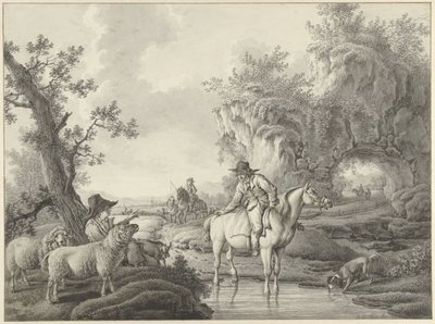 Landschaft mit einem Schäfer und einem Reiter bei einem Teich von Barend Hendrik Thier